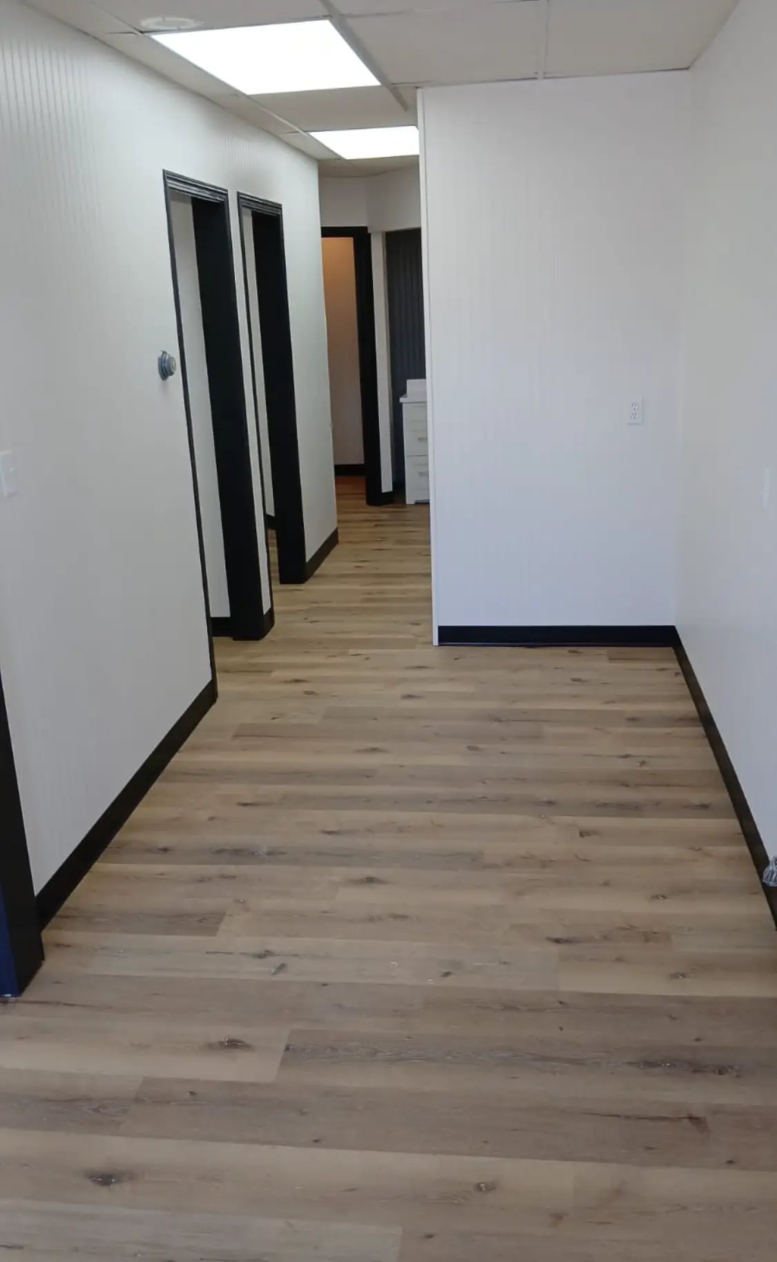 Empty hallway with black and white walls and wooden floor