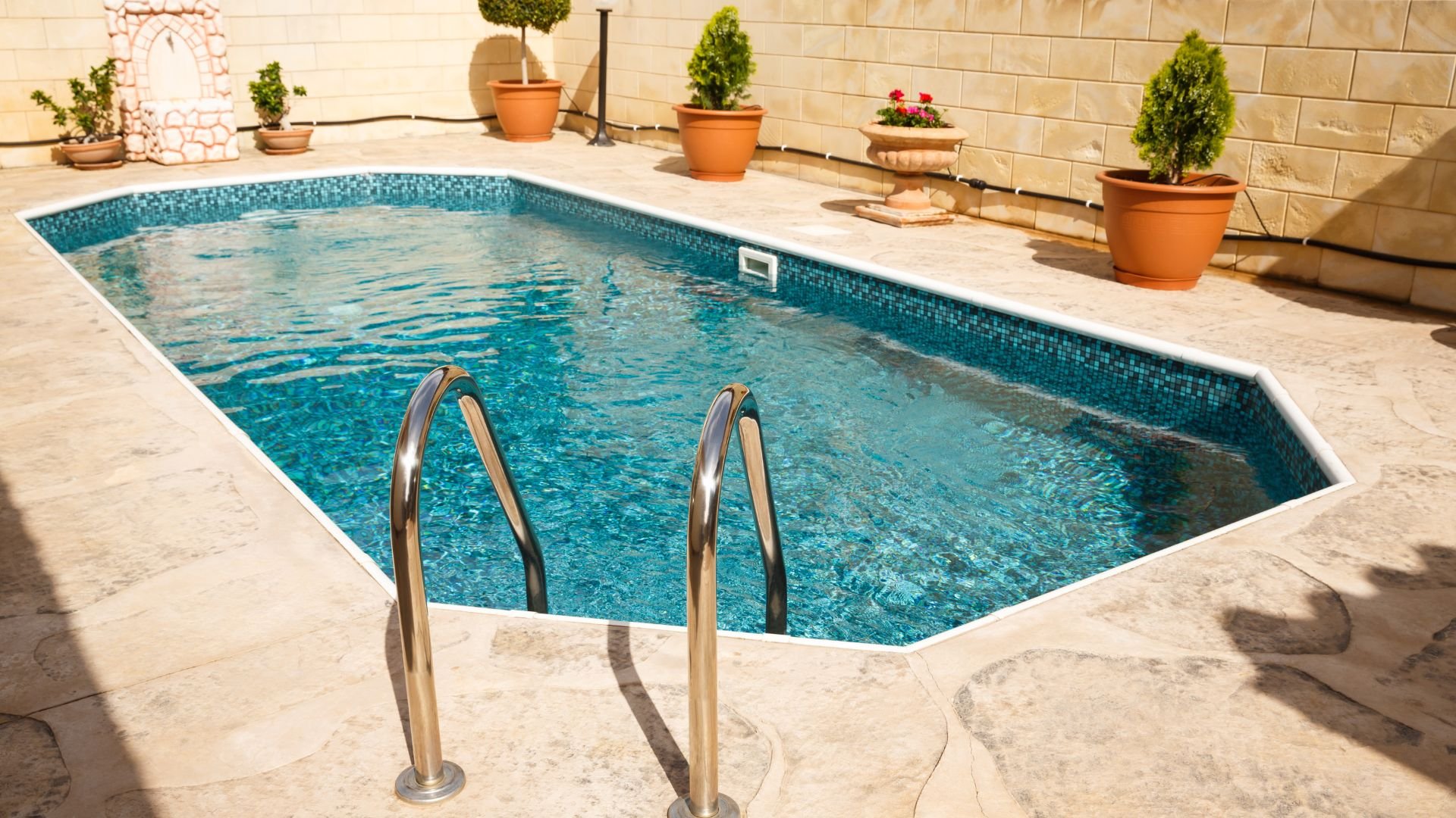 Blue tiled swimming pool with metal ladders surrounded by potted plants